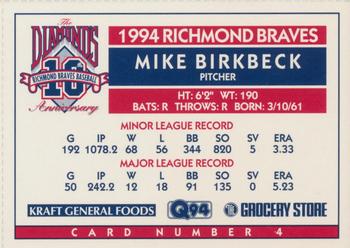 1994 Richmond Braves Perforated #4 Mike Birkbeck Back
