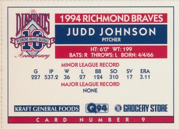 1994 Richmond Braves Perforated #9 Judd Johnson Back