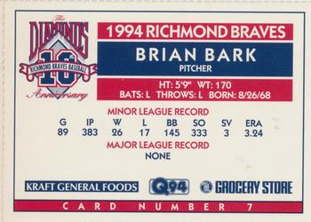 1994 Richmond Braves Perforated #7 Brian Bark Back