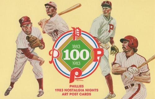 1983 Philadelphia Phillies Great Players and Managers Postcards - Nostalgia Nights Art Post Cards #NNO Robin Roberts / Chuck Klein / Grover Alexander / Mike Schmidt Front