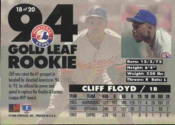 1994 Leaf - Gold Leaf Rookies #18 Cliff Floyd Back