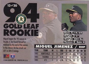 1994 Leaf - Gold Leaf Rookies #13 Miguel Jimenez Back