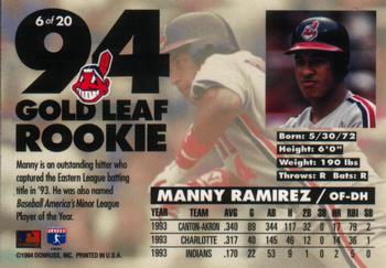 1994 Leaf - Gold Leaf Rookies #6 Manny Ramirez Back