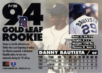 1994 Leaf - Gold Leaf Rookies #7 Danny Bautista Back