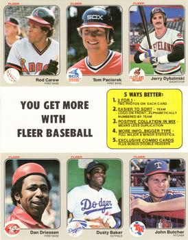1983 Fleer - 6-Card Promo Sheet #NNO Rod Carew / Tom Paciorek / Jerry Dybzinski / Dan Driessen / Dusty Baker / John Butcher Front