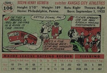 1956 Topps #106 Joe Astroth Back