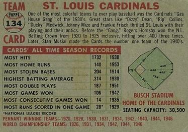 1956 Topps #134 St. Louis Cardinals Back