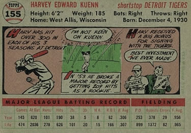 1956 Topps #155 Harvey Kuenn Back