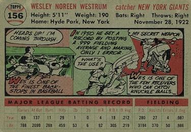 1956 Topps #156 Wes Westrum Back