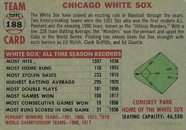 1956 Topps #188 Chicago White Sox Back