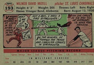 1956 Topps #193 Wilmer Mizell Back