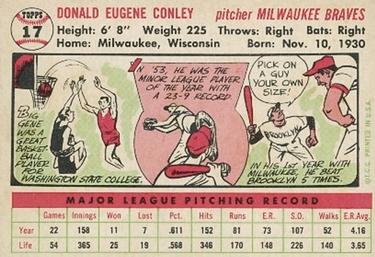 1956 Topps #17 Gene Conley Back