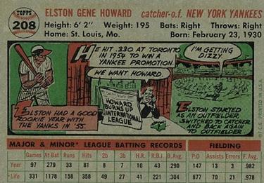 1956 Topps #208 Elston Howard Back