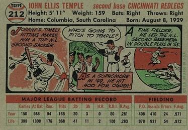 1956 Topps #212 Johnny Temple Back