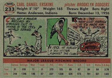 1956 Topps #233 Carl Erskine Back