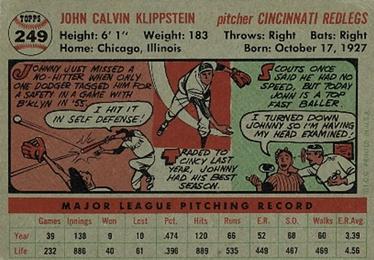 1956 Topps #249 Johnny Klippstein Back