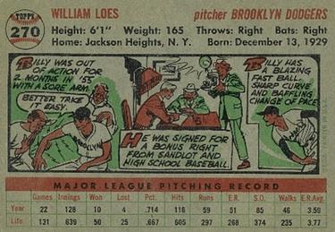1956 Topps #270 Billy Loes Back
