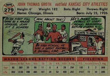 1956 Topps #279 Johnny Groth Back