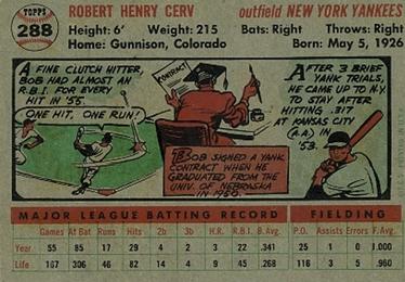 1956 Topps #288 Bob Cerv Back