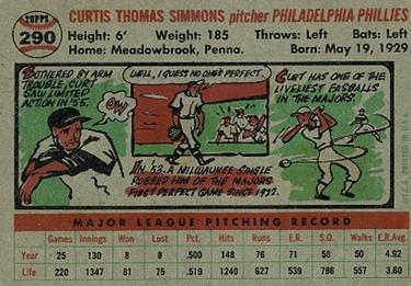 1956 Topps #290 Curt Simmons Back
