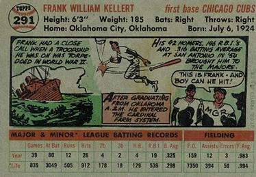 1956 Topps #291 Frank Kellert Back