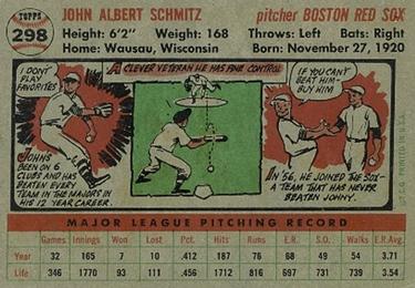1956 Topps #298 Johnny Schmitz Back