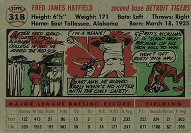 1956 Topps #318 Fred Hatfield Back