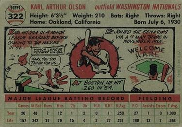 1956 Topps #322 Karl Olson Back