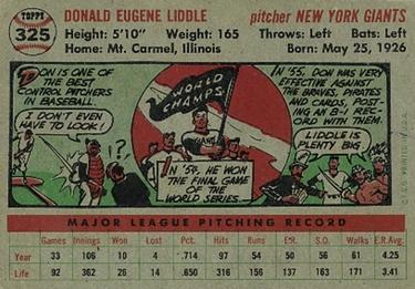 1956 Topps #325 Don Liddle Back