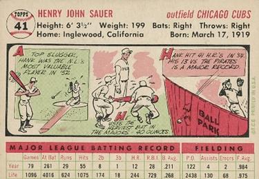 1956 Topps #41 Hank Sauer Back