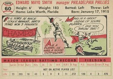1956 Topps #60 Mayo Smith Back