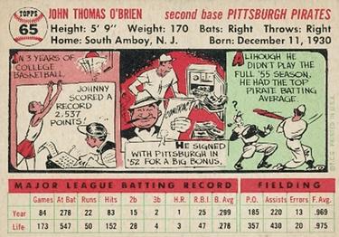1956 Topps #65 Johnny O'Brien Back