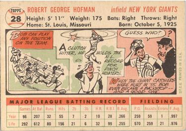 1956 Topps #28 Bobby Hofman Back
