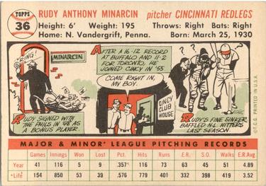 1956 Topps #36 Rudy Minarcin Back