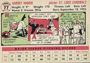 1956 Topps #77 Harvey Haddix Back