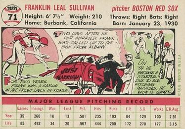 1956 Topps #71 Frank Sullivan Back