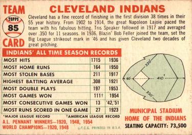 1956 Topps #85 Cleveland Indians Back