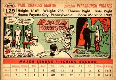 1956 Topps #129 Paul Martin Back
