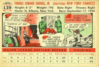 1956 Topps #139 Tommy Carroll Back