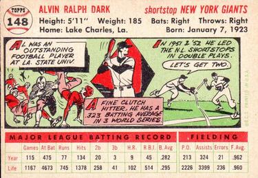 1956 Topps #148 Alvin Dark Back