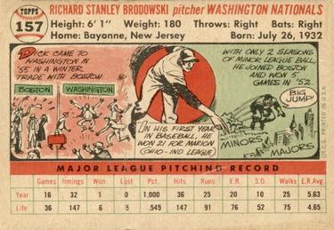 1956 Topps #157 Dick Brodowski Back