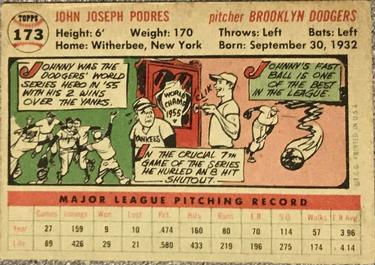 1956 Topps #173 Johnny Podres Back