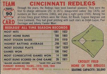 1956 Topps #90 Cincinnati Redlegs Back