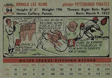 1956 Topps #94 Ron Kline Back