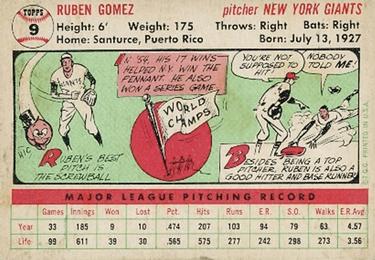 1956 Topps #9 Ruben Gomez Back