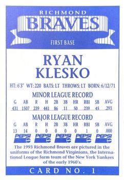 1993 Pepsi Richmond Braves #1 Ryan Klesko Back