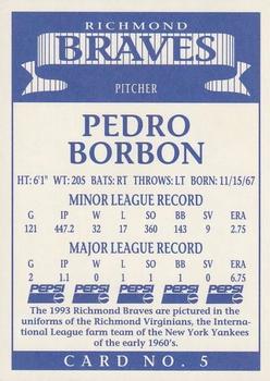 1993 Pepsi Richmond Braves #5 Pedro Borbon Jr. Back