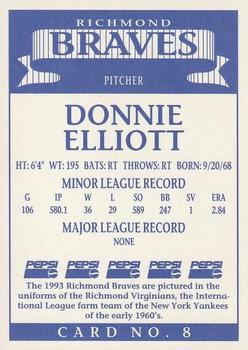 1993 Pepsi Richmond Braves #8 Donnie Elliott Back