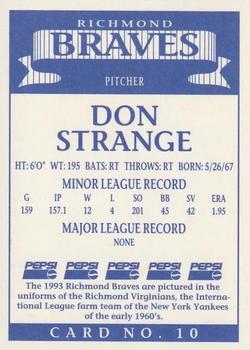 1993 Pepsi Richmond Braves #10 Don Strange Back
