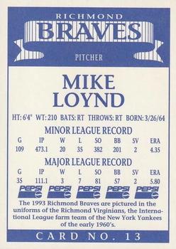 1993 Pepsi Richmond Braves #13 Mike Loynd Back
